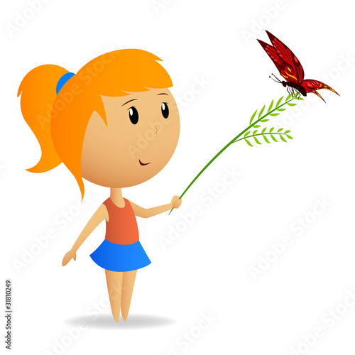 Vector: Cute little girl with green branch with butterfly Cute little girl with green branch with butterfly