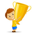 Vector: Cartoon young winner with golden trophy cup Cartoon young winner with golden trophy cup