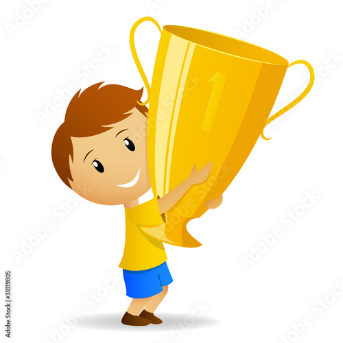 Vector: Cartoon young winner with golden trophy cup Cartoon young winner with golden trophy cup