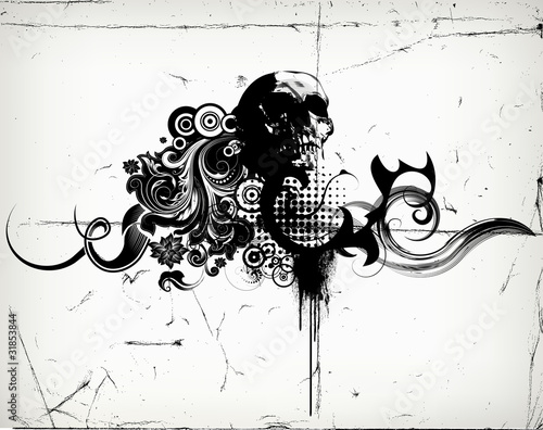 Vektor: Vector Grungy Floral Illustration With Scull Vector Grungy Floral Illustration With Scull