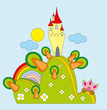 Vector illustration. Castle on green hill.