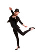 Dancing young woman in black suit.