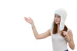 pretty girl showing something on white background