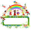Multiracial kids playing and a banner for message