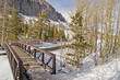 Bridge and frozen Twin Lake in Tamarack, Mammoth Lakes, CA
