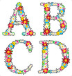 Floral alphabet set, letters A - D, isolated on white background