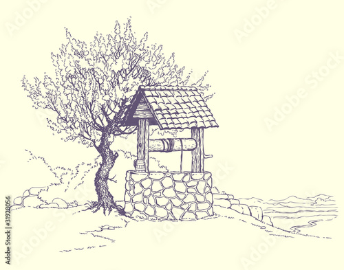 Vektor: Flowering tree near the well Flowering tree near the well