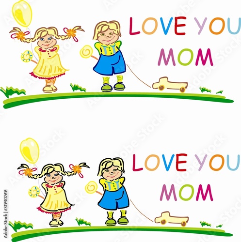 Illustration: Stylized vector children with words Love you mom Stylized vector children with words Love you mom