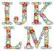 Floral alphabet set, letters I - M, isolated on white background