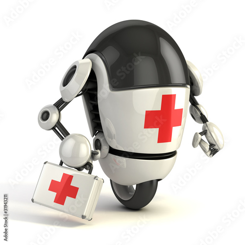 Illustration: robot medic with the first aid sing holding the first aid kit robot medic with the first aid sing holding the first aid kit