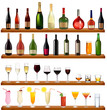 Set of different drinks and bottles on the wall. Vector.