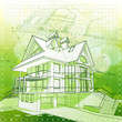 Ecology architecture design: house, plans & green bokeh backgrou