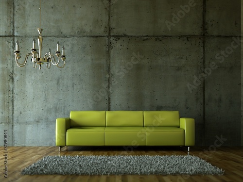 Illustration: 3d Rendering grünes Ledersofa vor Betonwand 3d Rendering grünes Ledersofa vor Betonwand