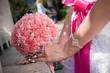 pink wedding bouquet at bride's hands pink wedding bouquet at bride's hands