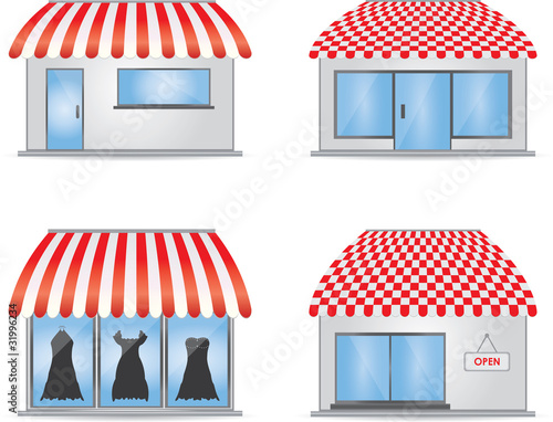 Vector: Cute shop icons with red awnings Cute shop icons with red awnings
