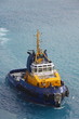 Yellow and Blue Tugboat in Aqua Water