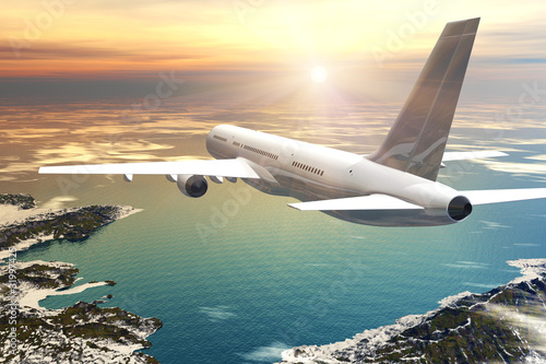 Illustration: Scenic airliner flight in sunset Scenic airliner flight in sunset