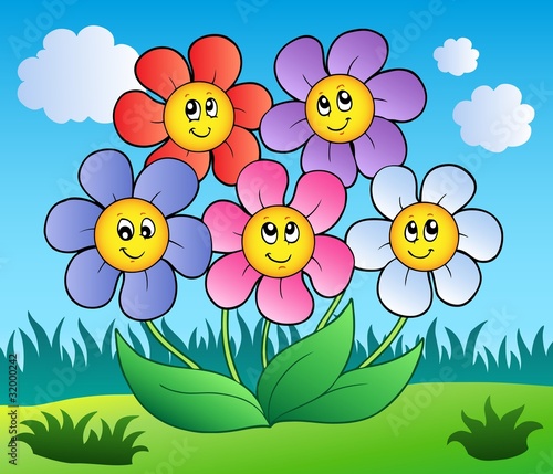cartoon flowers to draw. Five cartoon flowers on meadow