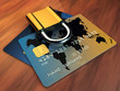 Credit cards and padlock on wooden table, 3d illustration
