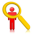 Person and magnifier glass over white background