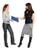 Two girls exchange documents.