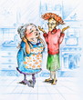 Two grandmothers talking in kitchen.