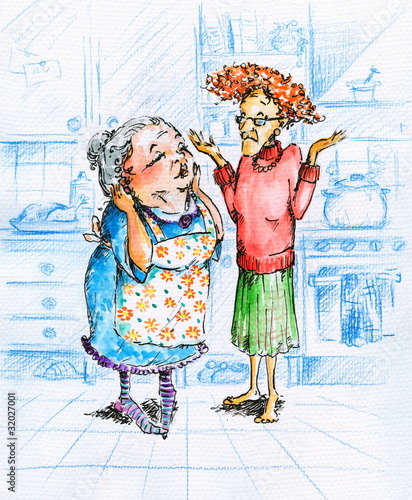 Illustration: Two grandmothers talking in kitchen. Two grandmothers talking in kitchen.