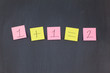 Foto: Pink and yellow sticky notes in a row on a blackboard Pink and yellow sticky notes in a row on a blackboard