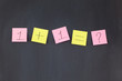 Foto: Pink and yellow sticky notes in a row on a blackboard Pink and yellow sticky notes in a row on a blackboard
