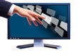 hand touching button on LCD screen hand touching button on LCD screen