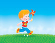 Boy running with a color wheel