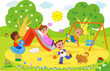 Bambini felici che giocano al parco giochi