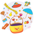 Cartoon bag with funny objects fashion card Cartoon bag with funny objects fashion card
