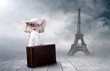 Little girl sitting outdoors on the vintage baggage