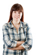Happy pastoral  woman in  chequered shirt  over white