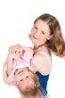 The woman holds on hands of the child