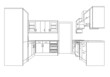 A 3d Single Point Perspective Line Drawing of a Fitted Kitchen