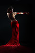 The girl in a red dress against a dark background The girl in a red dress against a dark background