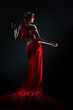 The girl in a red dress against a dark background The girl in a red dress against a dark background