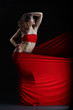 The girl in a red dress against a dark background
