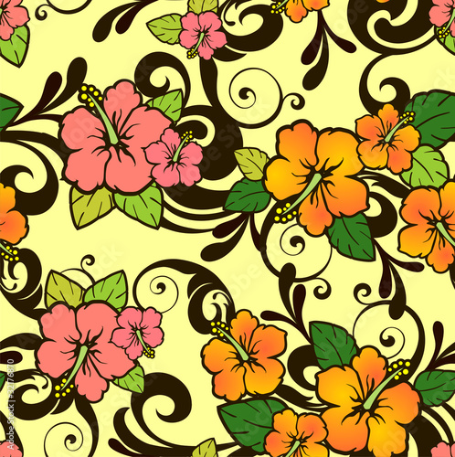 Vector: Orange and brown hibiscus flower seamless Orange and brown hibiscus flower seamless