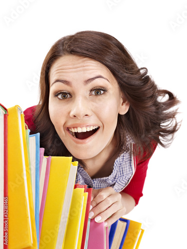 Photo: Girl with stack color book. Girl with stack color book.
