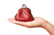Photo: Hand holding retro styled money pouch, isolated on white Hand holding retro styled money pouch, isolated on white