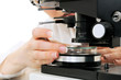 Female researcher works on microscope