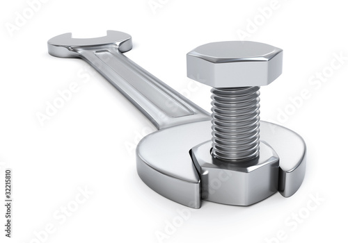 Illustration: Wrench fixing nut and bolt - isolated Wrench fixing nut and bolt - isolated