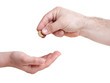 one hand giving 10 cents euro coin to other hand