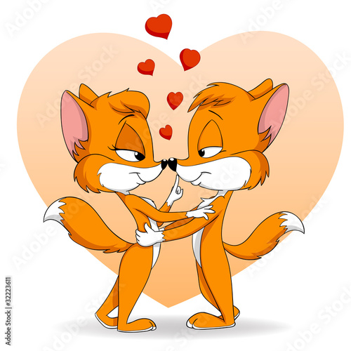 Vector: Two cartoon cute falling in love fox Two cartoon cute falling in love fox