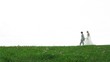 Newlywed pair walks on grass in front of cloudy white sky Newlywed pair walks on grass in front of cloudy white sky