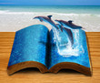 Magic book with three dolphins jump from book page