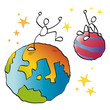 amigos se saludan en distintos planetas
